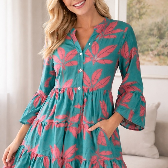 Dresses & Skirts - Teal and Pink Leaf Print Dress
